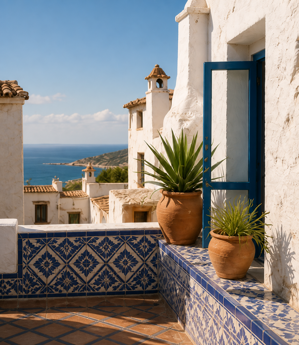 Terrasse blanche aux carreaux bleus ouverte sur la mer