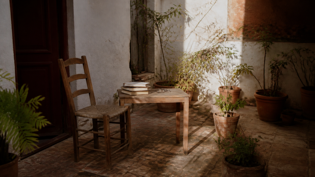 Patio andalou avec table et livres